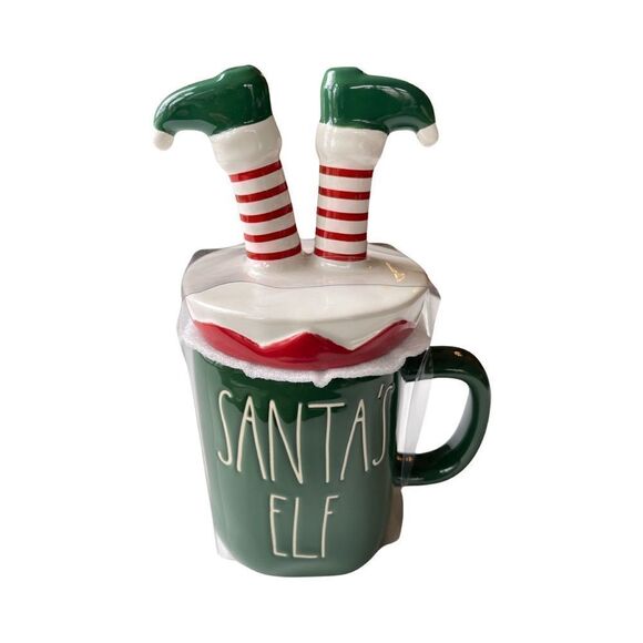 Rae Dunn Christmas SANTA'S ELF Mug with Figural Topper Lid Green Ceramic NIP - Picture 13 of 13